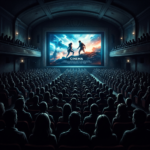 현재 이미지: Packed cinema silhouettes, glowing screen light