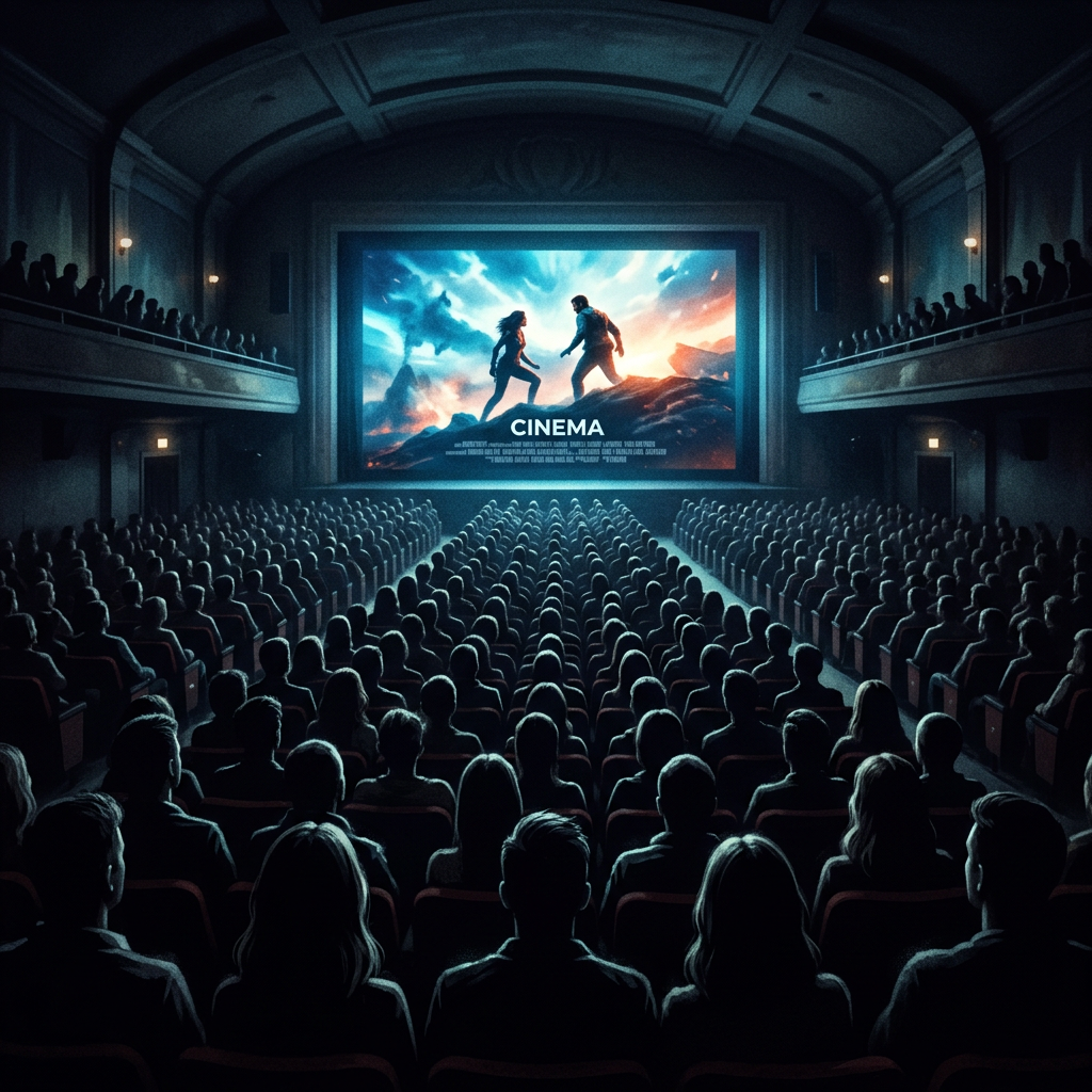 Packed cinema silhouettes, glowing screen light