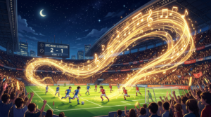 Nighttime soccer match with animated golden musical notes swirling above players on the field